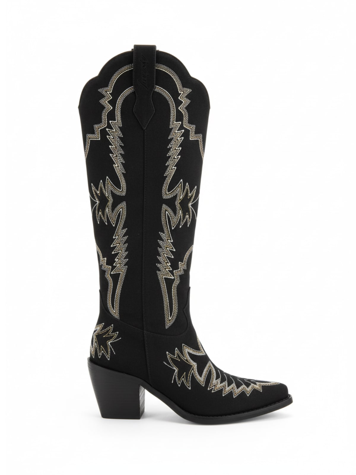 Annie Embroidered Western Cowboy Boots – Black Faux Leather