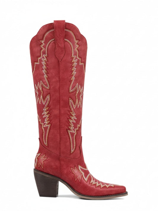 Annie Embroidered Western Cowboy Boots – Red Faux Leather
