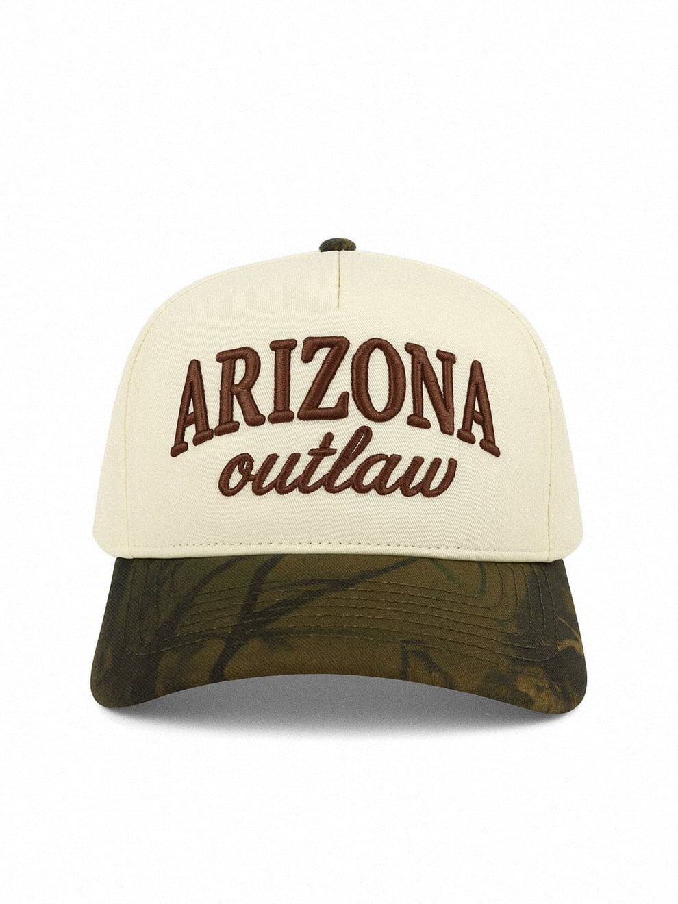 Arizona Outlaw Baseball Cap – Cream & Brown Camo Brim Snapback – Ivory Sky