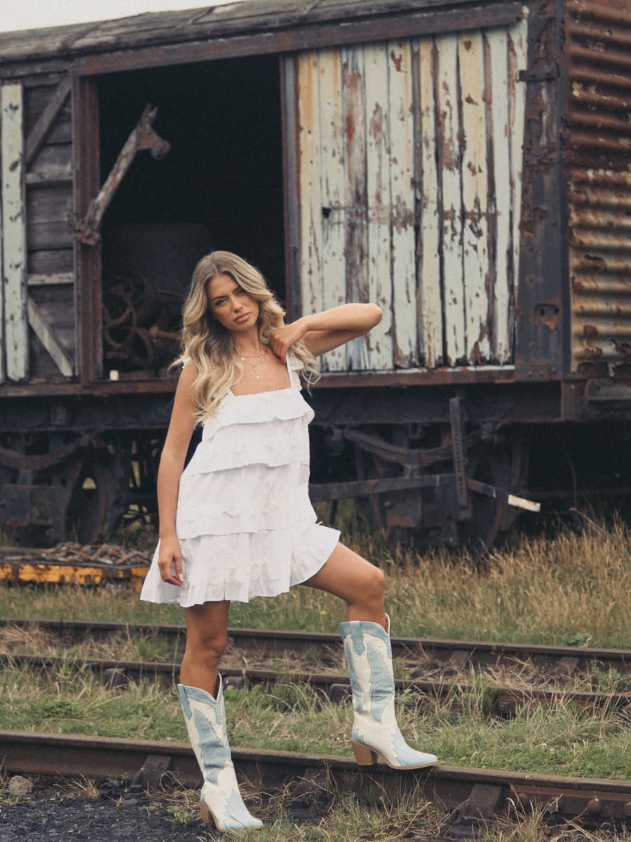 ivory dress boots Belle Embroidered Western Cowboy Boots – Blue & White Vegan Leather – Ivory Sky