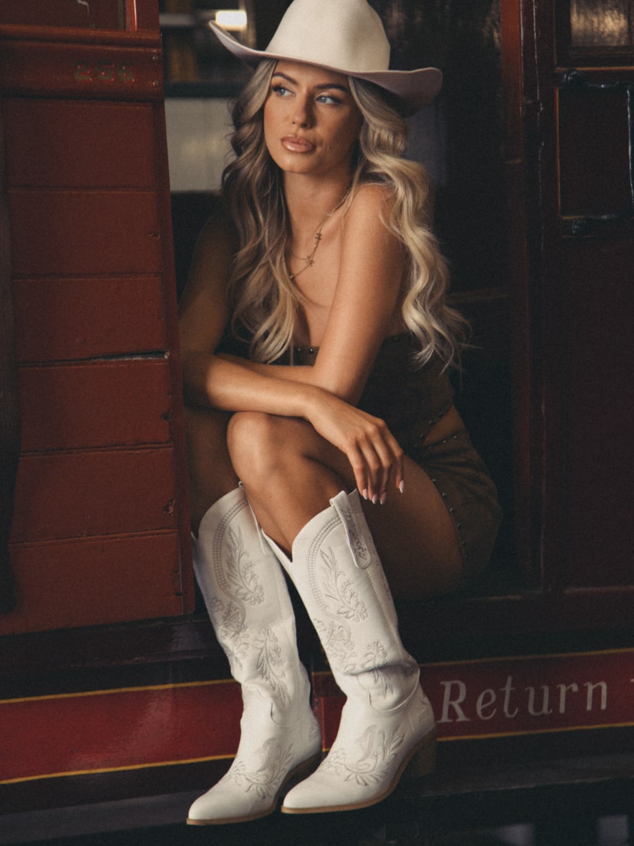 Pearl Floral Embroidery Western Cowboy Boots White Vegan Leather Ivory Sky Pearl Floral Embroidery Western Cowboy Boots White Vegan Leather Ivory Sky